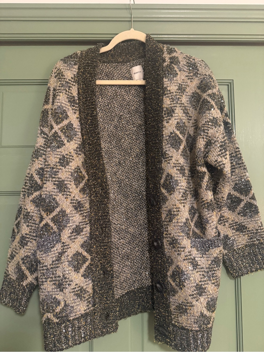 Anthropologie Maeve Metallic Trim Gray and Cream Patterned Open Cardigan